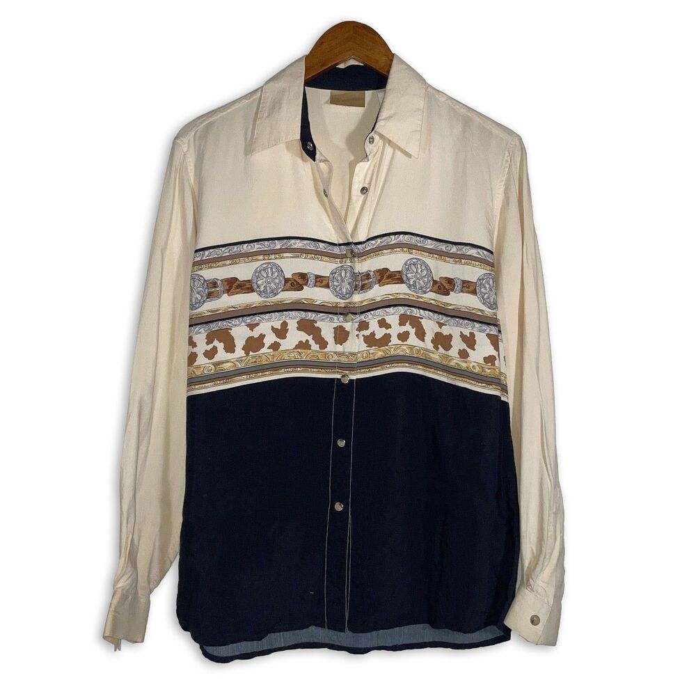 Vintage Wrangler Western Shirt M Equestrian Cow Print Scarf Print Silky Blouse